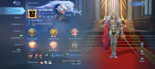 Collector Natalia Gaara Vale Epic carmila Epic Terizla Epic Harley Epic GUSION Epic Roger>emblem max, Продажа, Ранг: Мифический, Уровень: 45, Процент побед: 51%, Герои: 75, Облики: 171