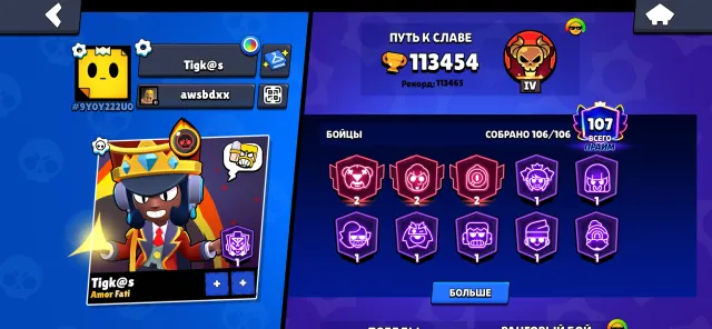 GOOD ACCOUNT WITH A BUNCH OF SKINS AND RESOURCES, 113000 trophies, 107 brawlers, 108 primes