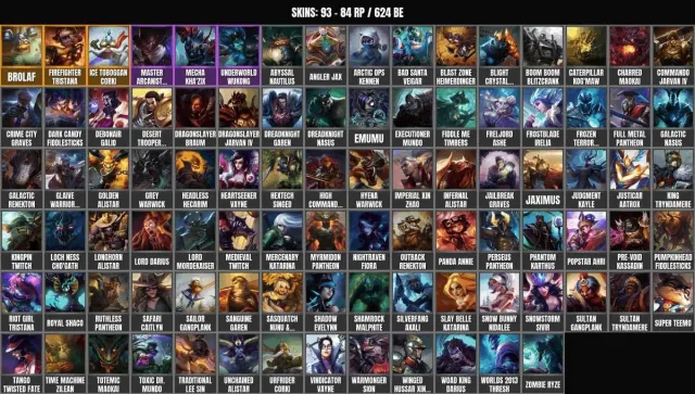 93 skins 💎 91 champions💎Corki on Ice Toboggan💎Firefighter Tristana💎Brolaf💎Wukong from the Abyss💎Master, Sale, level 39, champions 91, skins 93, No rank