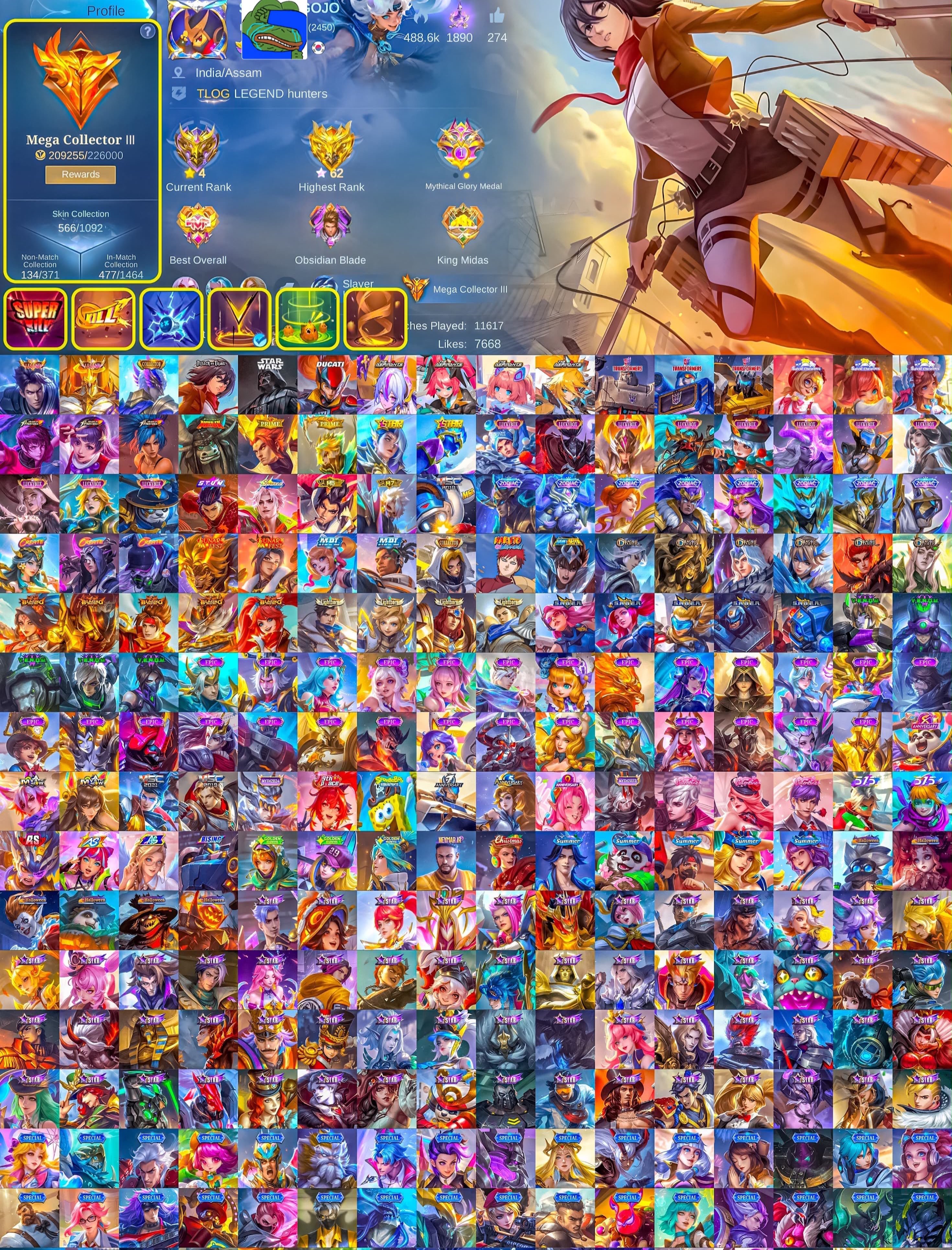 🏆 Mega 3 Account ⚔️ Alucard Legend 💀 Franco Legend  Fanny Aspirant & AOT ⭐ Argus Star Wars, Sale, Rank: Mythic, Level: 127, Winrate: 68%, Heroes: 133, Skins: 566