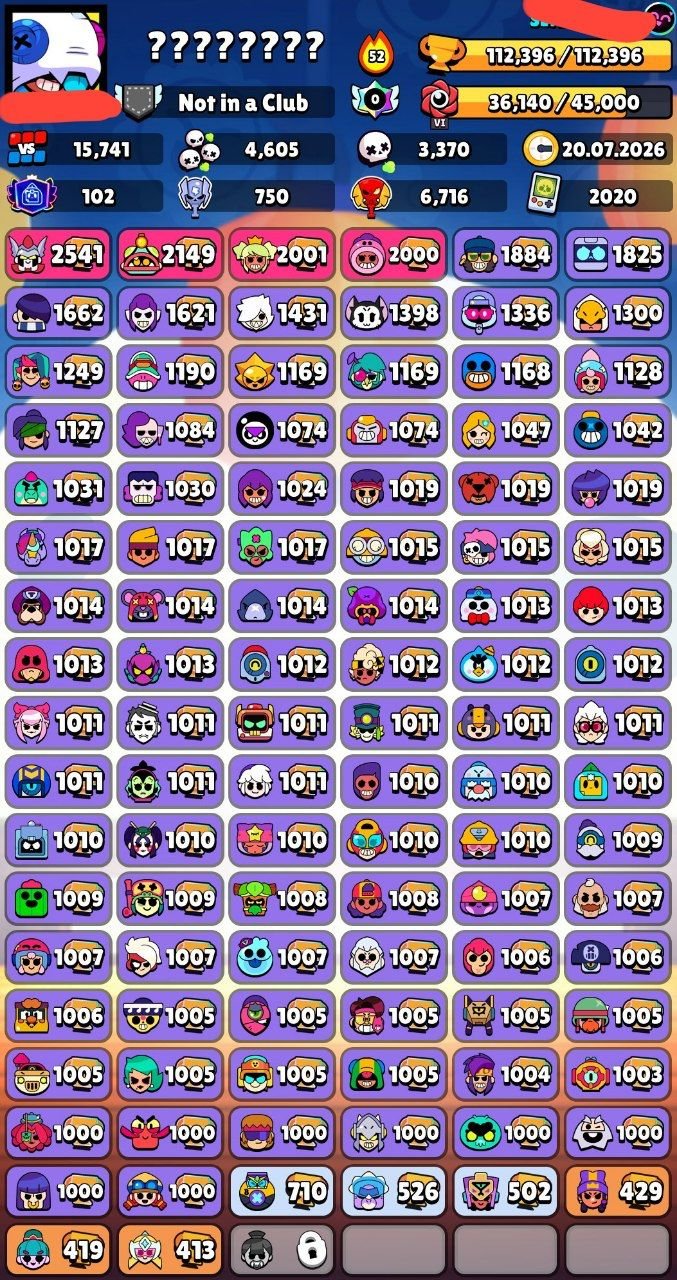 🎅📌112,396🏆🌟104👤75 HYPER97 11 STRENGTHS🪙402 SKINS~41K GEMS🎎99 TITLES💮41 BUFFS❇️〔FREE NICA CHANGE〕, trophies 112396, brawlers 104, primes 102