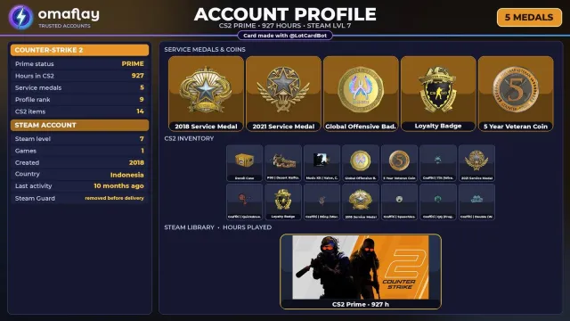 ⚡ CS2 PRIME ⚡ +5 RARE MEDALS: SERVICE 2018 · SERVICE 2021 · GO • 2018 • FULL ACCESS #48X6M2, Sale, With inventory, Has PRIME