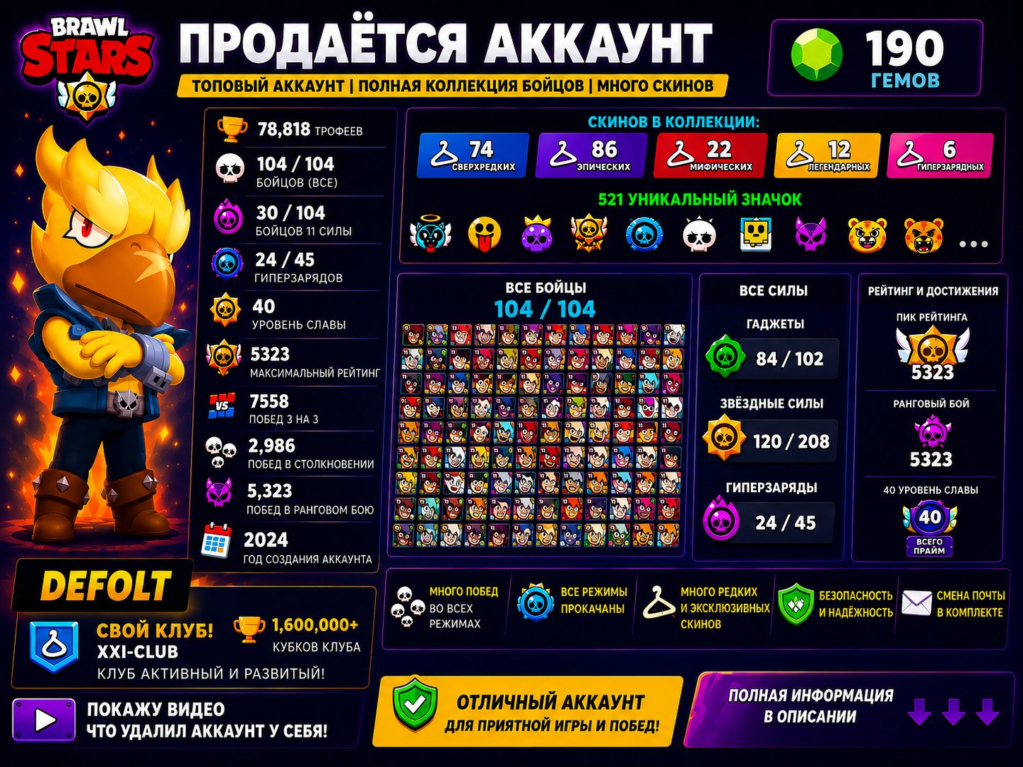 🔥 TOP BRAWL STARS ACCOUNT | 78.8K 🏆 | 104/104 | 190 💎 | +1.6M CLUB, trophies 78826, brawlers 104, primes 40