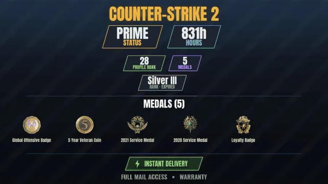 CS2 Prime✨831h🏆5 medals Medal for Service 2020, Medal for Service 2021, Loyalty Badge, 5 Year, Sale, Inventory empty, Has PRIME