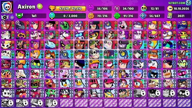 (2021) Top account 34 - 11 power. Mythic 3🟣, 6 second primes❤️., 42000 trophies, 100 brawlers, 22 primes