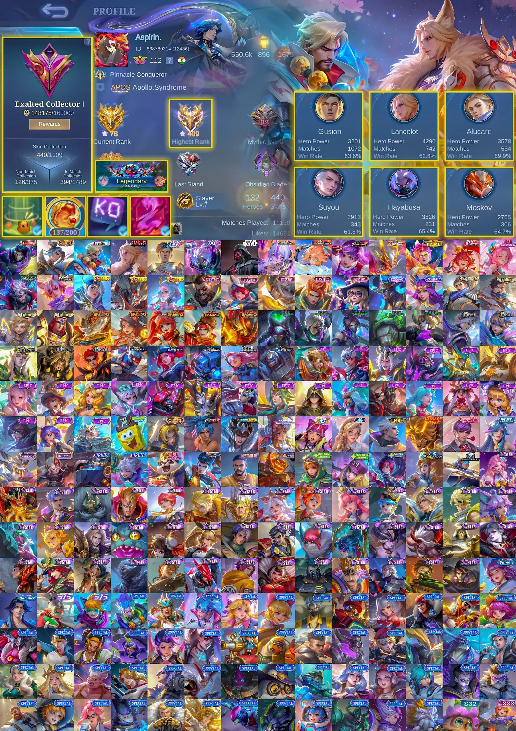 🔥 400 max, Legendary Alucard, Collector Ling, Kishin Lancelot, Aspirant Fanny, Sale, Rank: Mythical Immortal, Level: 112, Winrate: 59%, Heroes: 132, Skins: 440