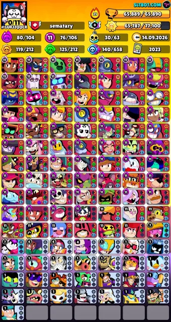 76 11 power⛱️ 19 brawl points✅ 30 buffy🦷pro pass with Colt🌟 sea of skins🐯Account link🐯, more in the description, 65800 trophies, 106 brawlers, 49 primes