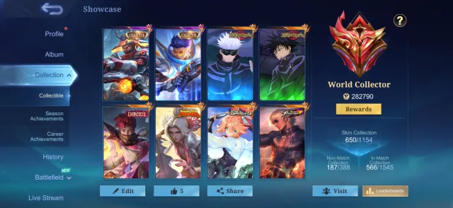 LING SHENY🔥ASP FANNY🔥DUCATI 2 PCS🔥EXO HERNIA🔥JJK 2 PCS🔥MANY COLLOWS🔥HERO DAWNING🔥NARUTO🔥11.11🔥ASPIRANTS, Sale, Rank: Legend, Level: 189, Win Rate: 51%, Heroes: 133, Skins: 650