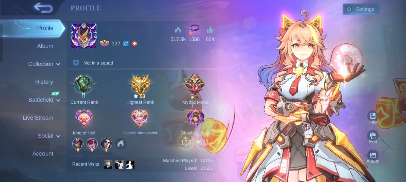 🔥 MLBB Full Access ⚡ 511 Skins • 133 Heroes ⚡ 4 Legend • Naruto • JJK • KOF • Collector • Zodiac 🔥, Sale, Rank: Mythic, Level: 122, Winrate: 58%, Heroes: 133, Skins: 511