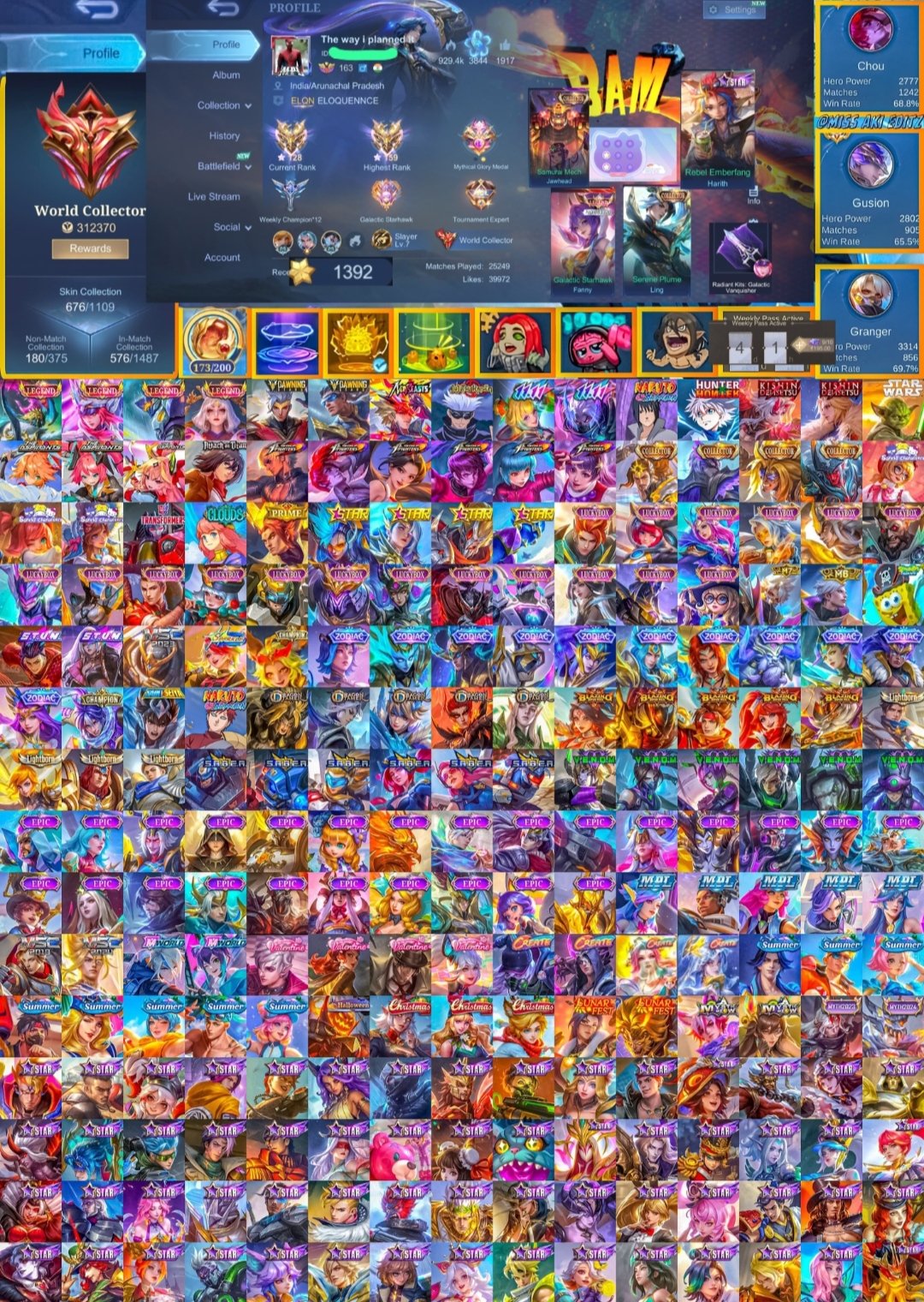 Good winrates World collector Chou & bruno dawning checkout skins details, Sale, Rank: Mythic, Level: 163, Winrate: 70%, Heroes: 132, Skins: 680