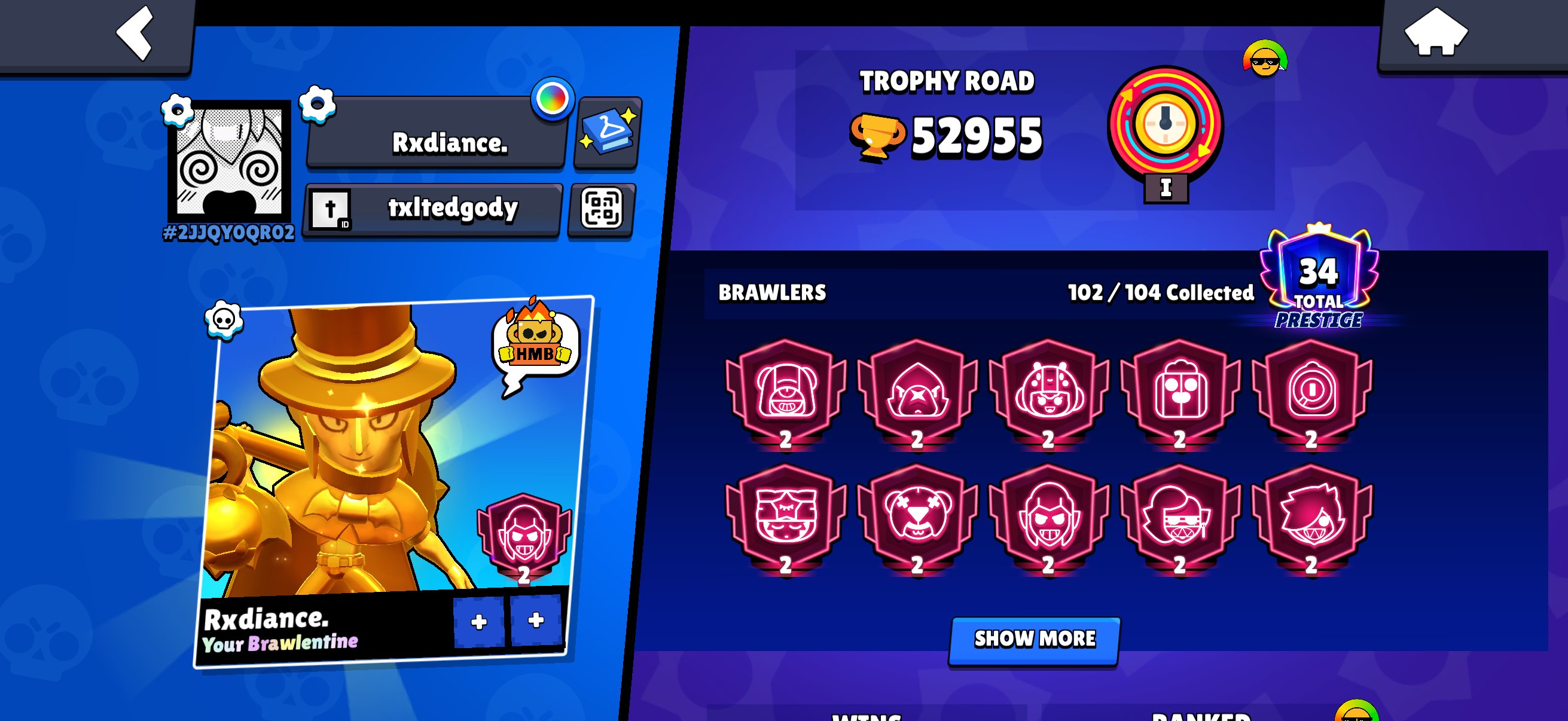 great account, trophies 52955, brawlers 102, primes 34