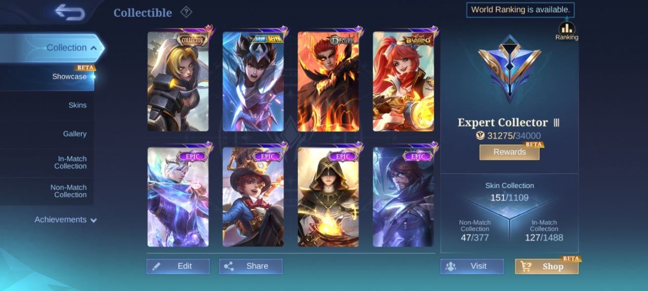 ML# 1375 collector Natalia deluxe 24 EPIC Harley lunox Gusion Freya Kagura Roger Carmila emblem Max, Sale, Rank: Mythic, Level: 59, Winrate: 49%, Heroes: 103, Skins: 151