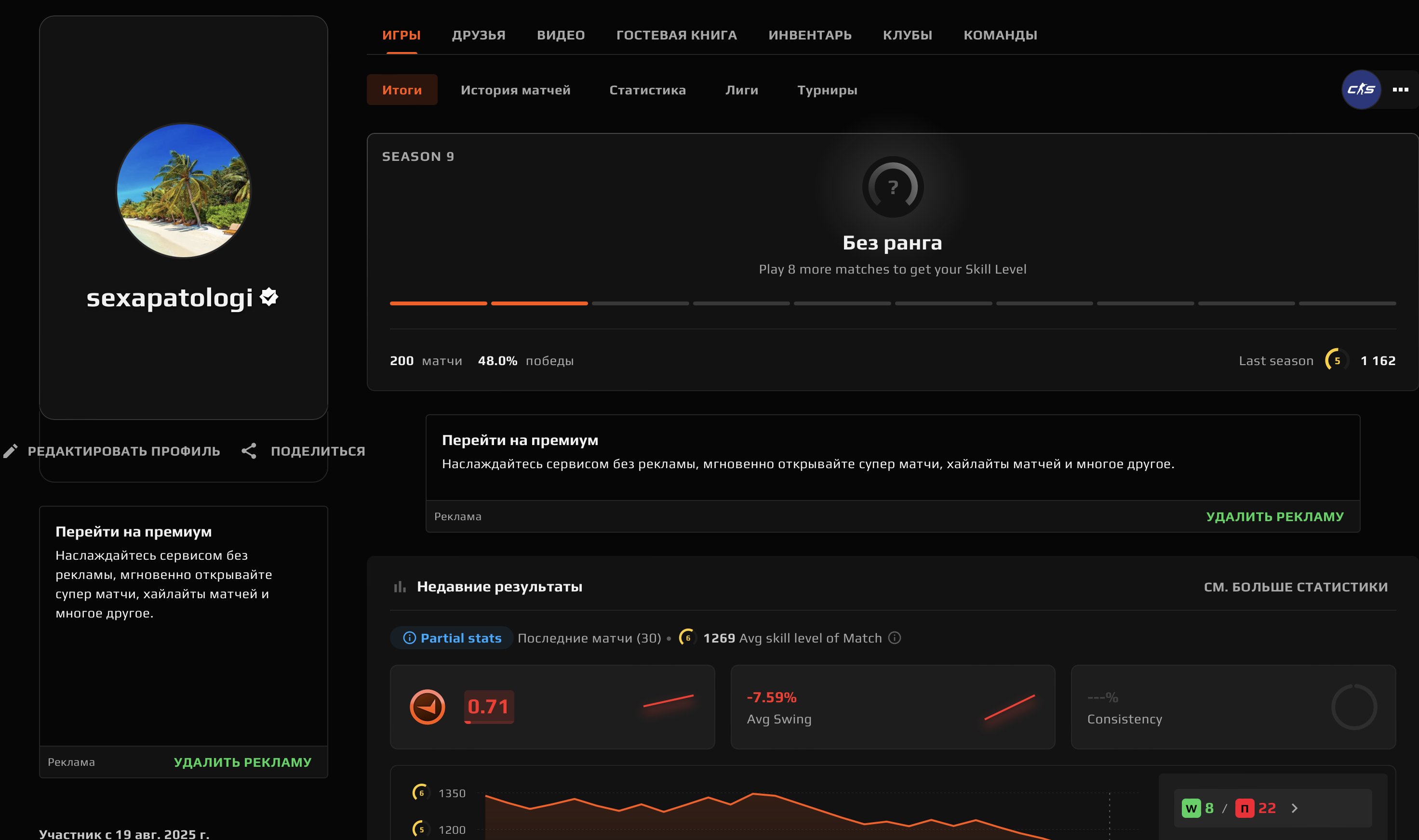 🌈200 MATCHES🔥1162 ELO🟪PRIME + OPEN PREMIER🟢VERIFICATION🟪🍎💎GOOD STATS💎🔥DESIGN ✅🔥, Sale, Empty, Yes PRIME, FACEIT, 1162 ELO, With registration: Yes