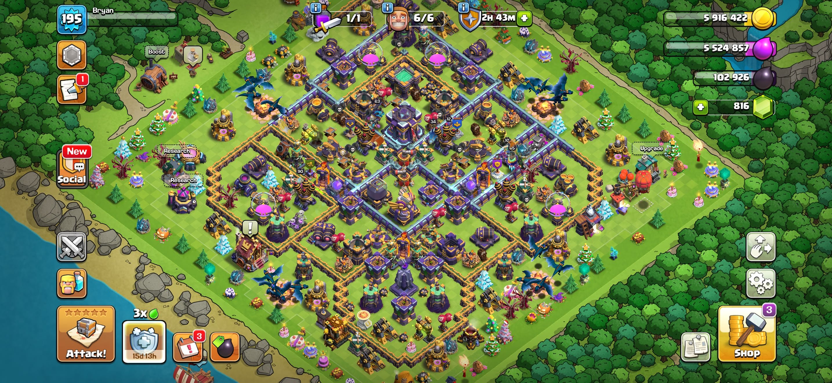 ▣ TH 15 Full Max ▣ Heroes: 90-90-65-65-35 ▣ 8x Epic Equipment ▣ NC Yes ▣ BH 9 Max, 15 TH Main Village, 10 TH Builder