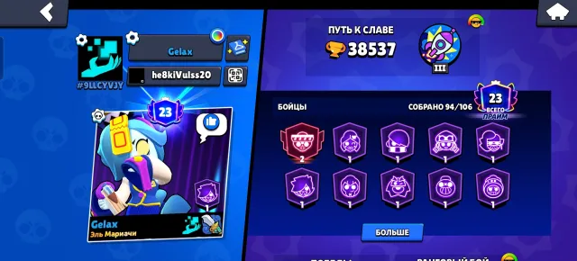 Account 2019, 38534 trophies, 94 brawlers, 23 primes