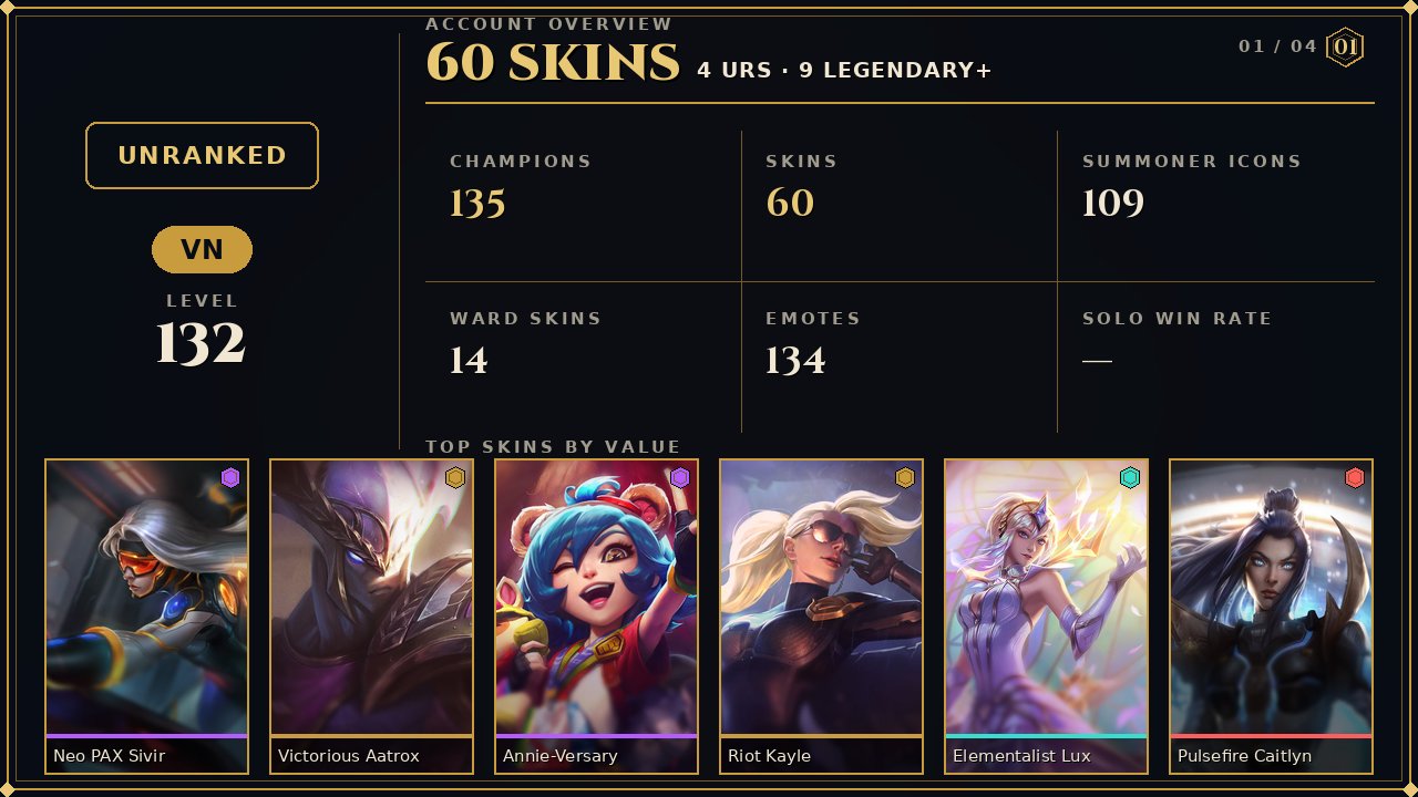 🌸60 skins + 135 champions🎀13421 BE🎀Neo PAX Sivir🎀Victorious Aatrox🎀Annie-Versary🎀Riot Kayle, Sale, champions 135, skins 60, Unranked