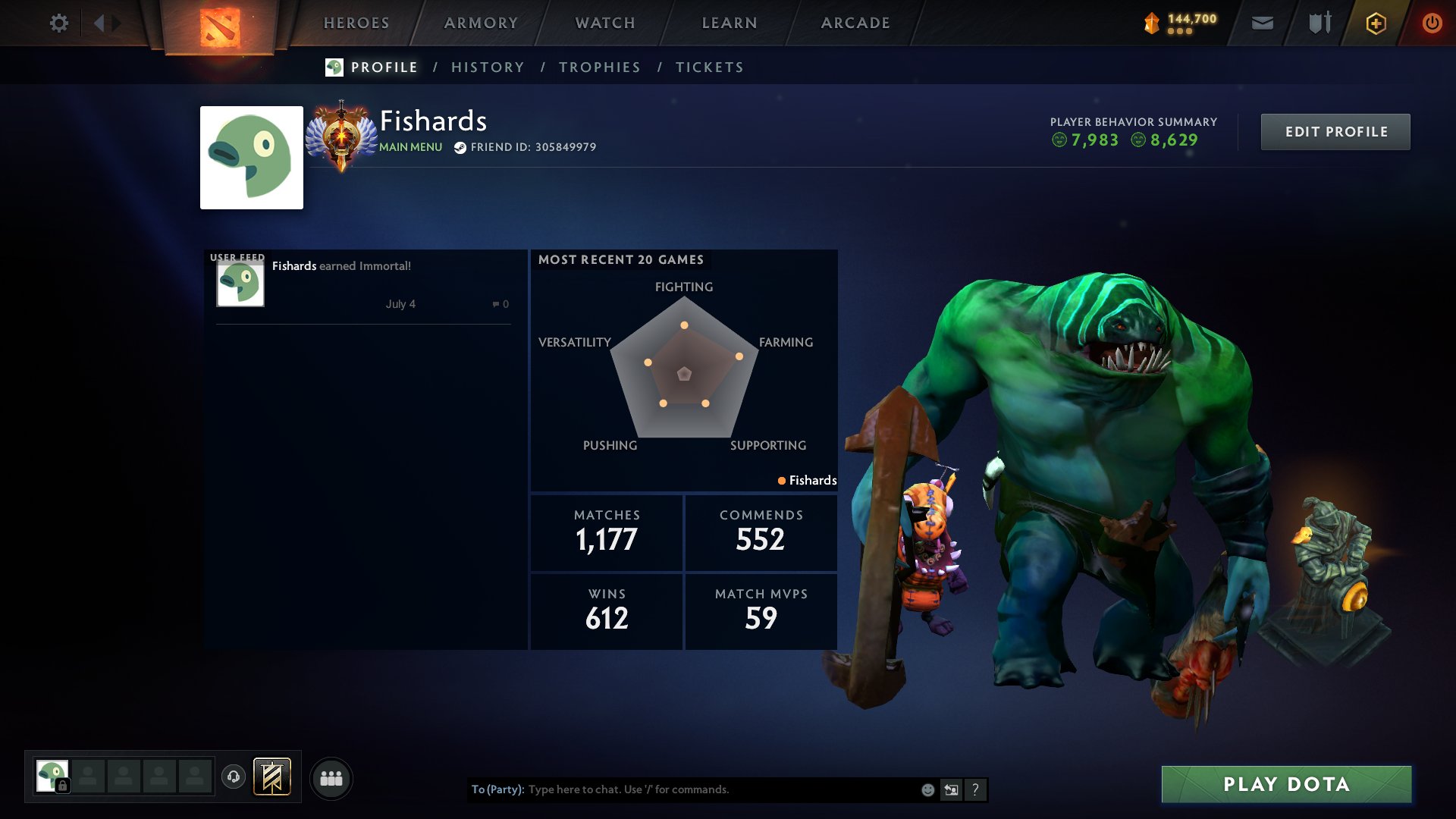 🎮 Immortal 🎯 Mainpool 🏆 38 Trophy 🕹️ Matches: 1193 🎫 Tokens: 3, Sale, 6459 MMR, 8629 Behavior score, 7983 вежливости, 1193 games, 1256 hours