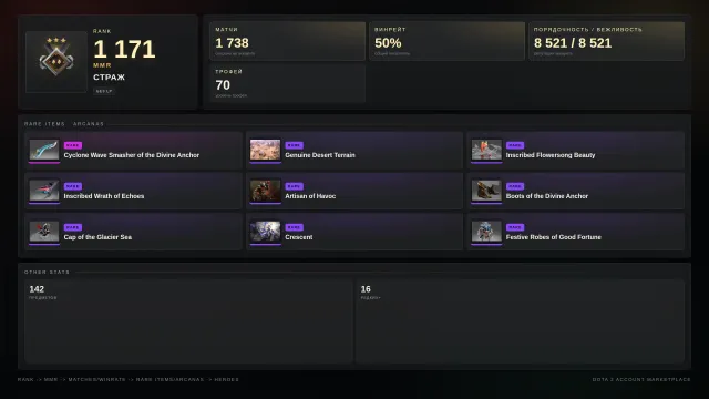 ✨Guardian 3 ≈ 1171 MMR✅8521 HONOR✅✨Landscape✨Collector sets 2015 DK✨⚔️70 trophies⚔️, Sale, 1171 MMR, 8521 honor, 8521 politeness, 1738 matches, 2581 hours