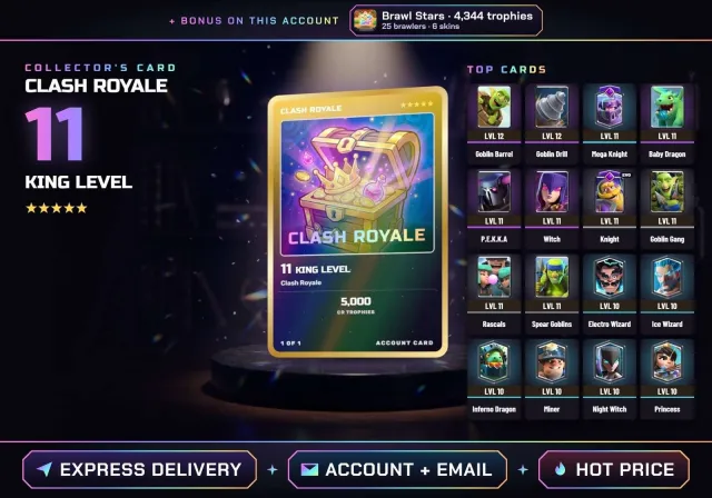 👑 ANDROID • IOS ✦ CR KING 11 ✦ Knight, Firecracker, Mortar ✦ + BS 4 344 CUPS ✦ FULL ACCESS, Arena 15, Level 11, 5000 cups, 103 cards, No