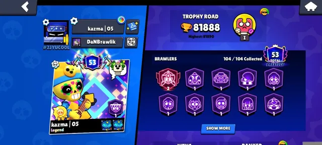 Selling an account in Brawl Stars. Old account has many old skins from BP., trophies 81888, brawlers 104, primes 53