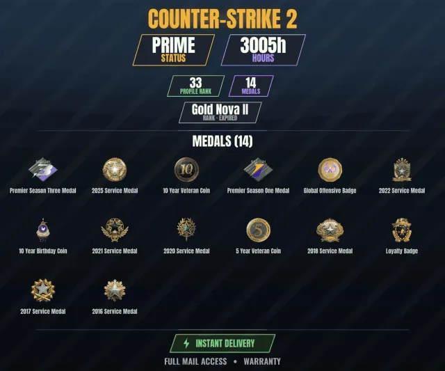【CS2 Prime💠3000h💎14 medals】 10 Year Anniversary Coin, 10 Year Veteran Coin, Service Medal, Sale, With inventory, Has PRIME