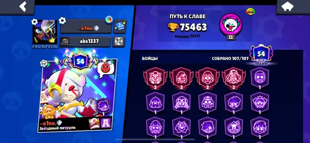 FAT ACCOUNT FOR MAIN+clash royale acc(description), 17463 trophies, 107 brawlers, 54 primes