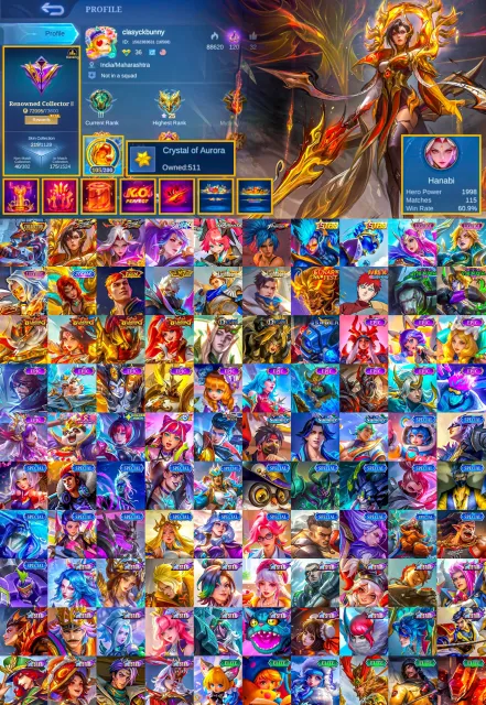 Vessels Benedetta Hanabi, Collector YSS, Aspirant Layla, AllStar Hanabi, 105 Core, Global 🔥, Sale, Rank: Mythic, Level: 66, Winrate: 51%, Heroes: 90, Skins: 219
