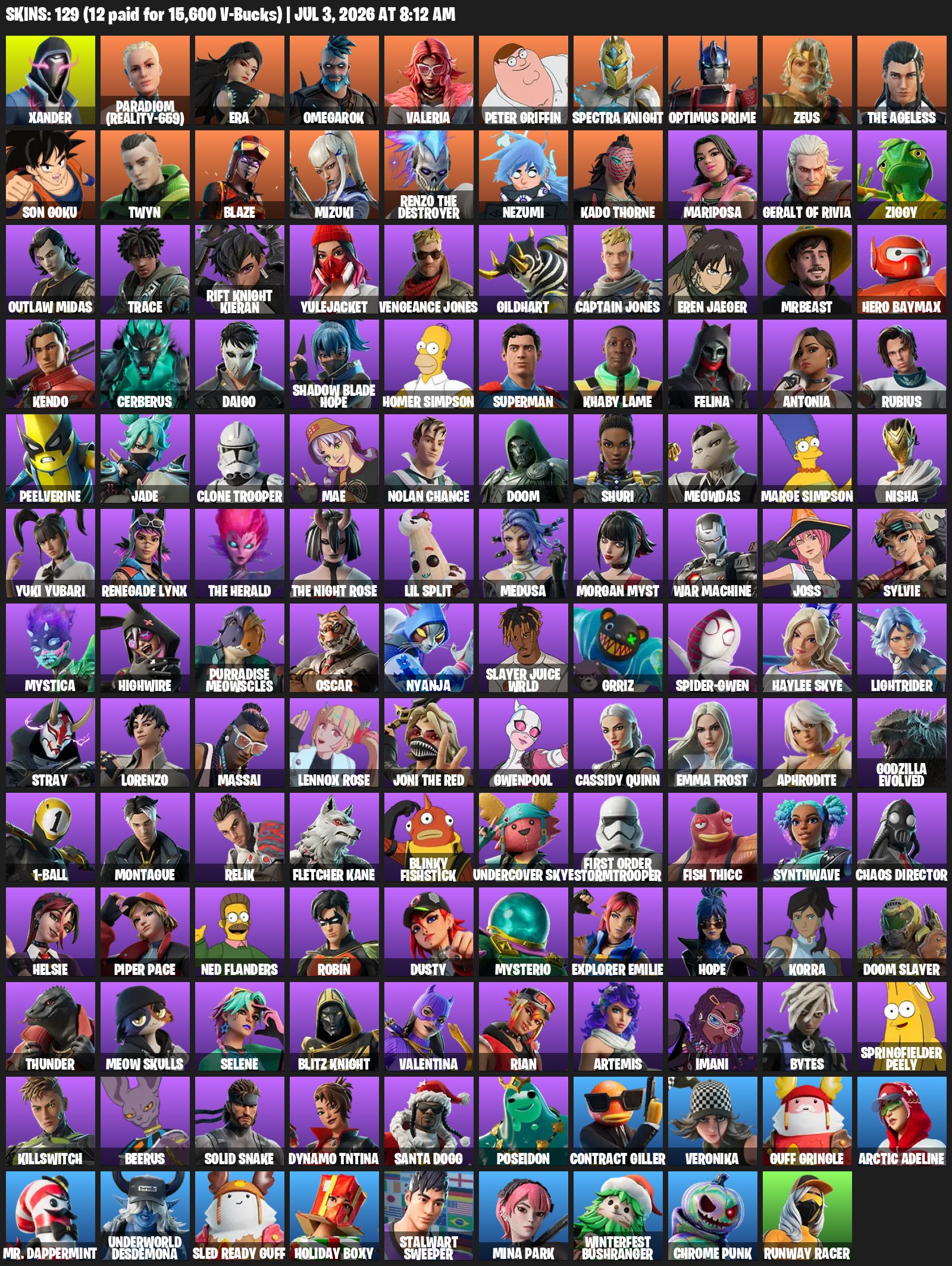 🎀 [129 SKINS] 🎀 🥊Son Goku🥊✨Peter Griffin✨Blaze⭐️BEST PRICE⭐️🧃 2650 VB🧃FULL ACCESS 💎, Sale, skins 129