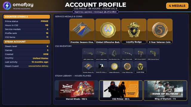 ⚡ CS2 PRIME ⚡ +4 RARE MEDALS: PREMIER S1 · GO • 2018 • +1 GAME • FULL ACCESS #4FLHOH, Sale, With inventory, Has PRIME