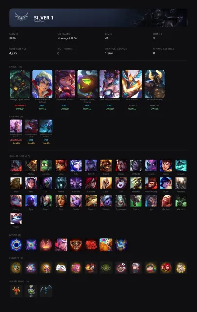 🟡┃👑 FAERIE QUEEN KARMA / OMEGA SQUAD TEEMO / BLOOD MOON ZED┃🕗 АВТОВЫДАЧА┃✅ ПОЧТА┃, Продажа, уровень 45, чемпионы 37, скины 10, Серебро
