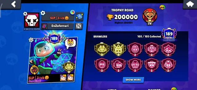 200.000 🏆 | 105/105 ⭐ | Prestige 189 👑 | 4x Masters (2024) | GG!, trophies 200000, brawlers 105, primes 189