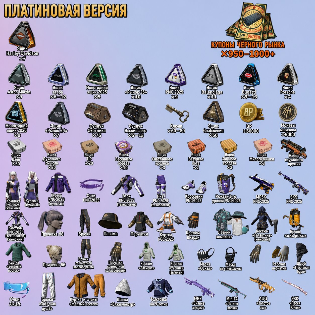 🎫1,000 Coupons 📦250+ Chests 💰60,000 VR 🔑60–80 Keys 👕Skins 🔫Weapons, No BATTLEGROUNDS Plus