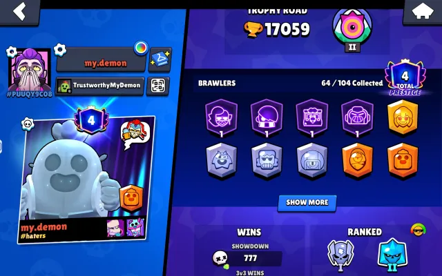 A newbie account🍁 17k trophies, 64 brawlers, account from 2020, trophies 17059, brawlers 64, primes 4
