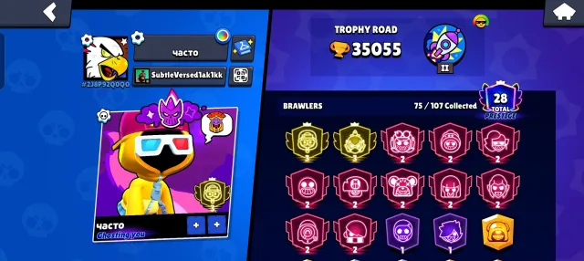 3 prime on Lili, shade second primes on 8 characters and 2 first primes mythic 2 top account, 35070 trophies, 75 brawlers, 28 primes