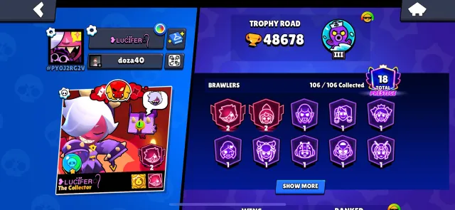 🔥48K✨106/107🏆21 11 POWER🤠DUELIST COLT Trader Gale😈MALEFICENT COLETTE, RONIN GAVS💥6 RARE SKINS, 48678 trophies, 106 brawlers, 18 primes