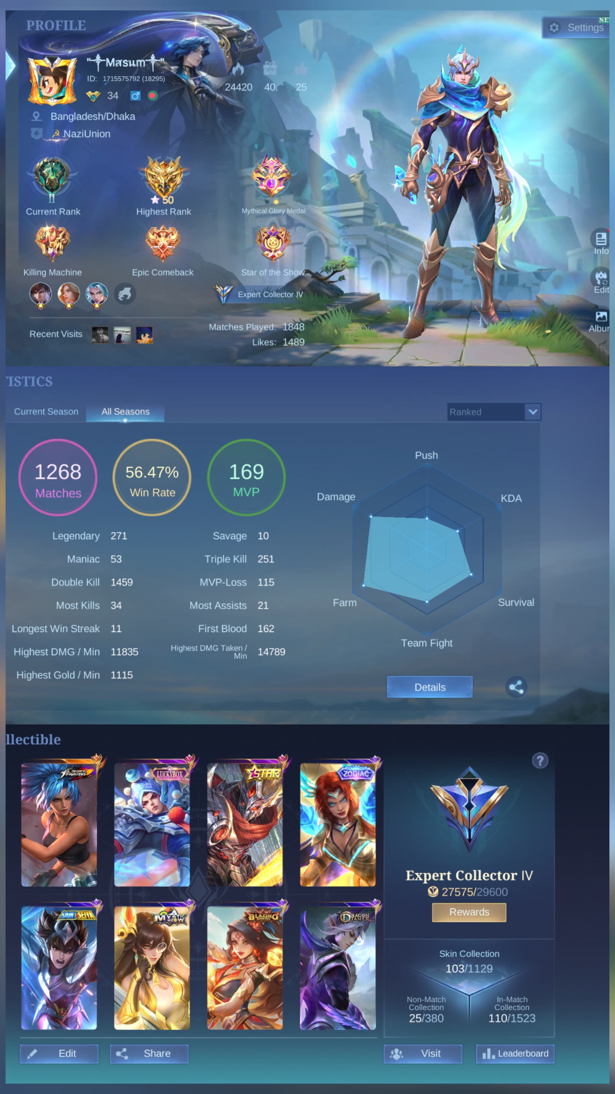 💥INSANE ACCOUNT Mythical Glory🏆Lucky Box Zilong +Starlight Hayabusa +KOF Leona✨, Sale, Rank: Mythic, Level: 34, Winrate: 56%, Heroes: 77, Skins: 103