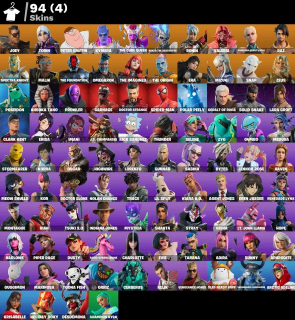 👕 94 skins 🎮 1486 Niveau 💰 1100 V-bucks 💰 Joey | Torin | Peter Griffin | Kymera | La Reine Cube, Vente, skins 94