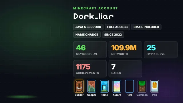 🌱 SkyBlock 46 level 💰 109.9M Networth 🦸 Cloaks (7): Builder, Copper ✅ Java & Bedrock & full access, Sale, All account data