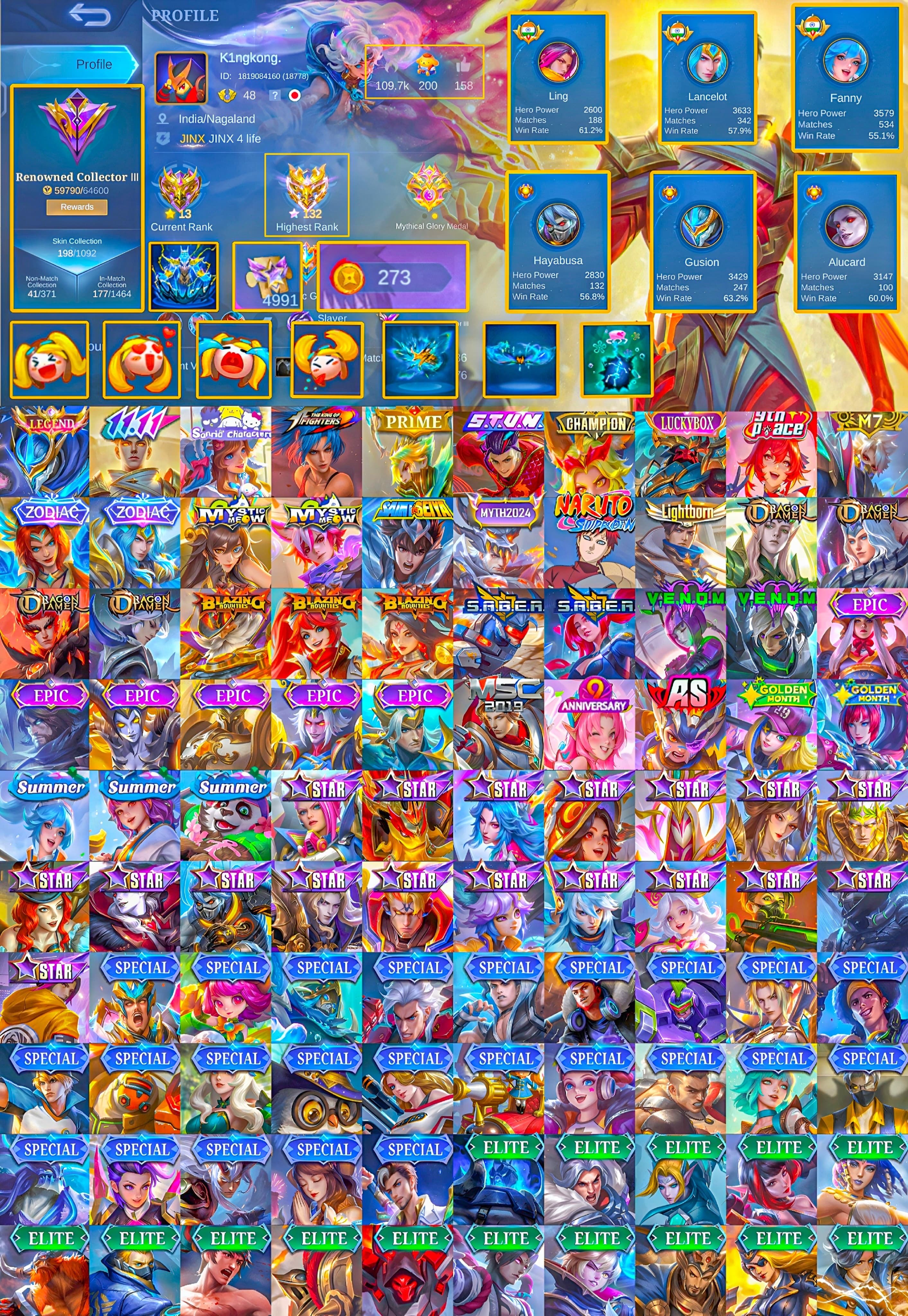 Gusion legend || Gusion 11.11 || Chou stunt and many more skims, Sale, Rank: Mythic, Level: 48, Winrate: 50%, Heroes: 80, Skins: 198
