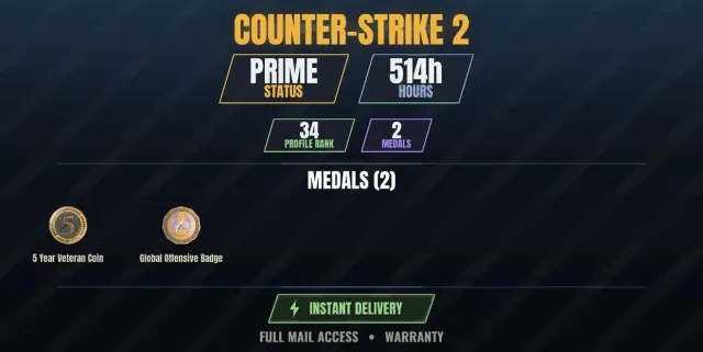 CS2 Prime🎯514h👑2 medals Veteran Coin 5 years, Global Offensive Badge, Sale, With inventory, Has PRIME