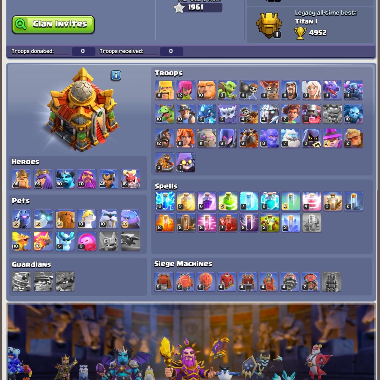❖ 52K Gems ❖ TH 16 Full Max ❖ 2300 CWL Medals ❖ Heroes 95-95-80-70-45-15 ❖ All 17x Epic Equipment ❖, 16 TH Main Village, 10 TH Builder