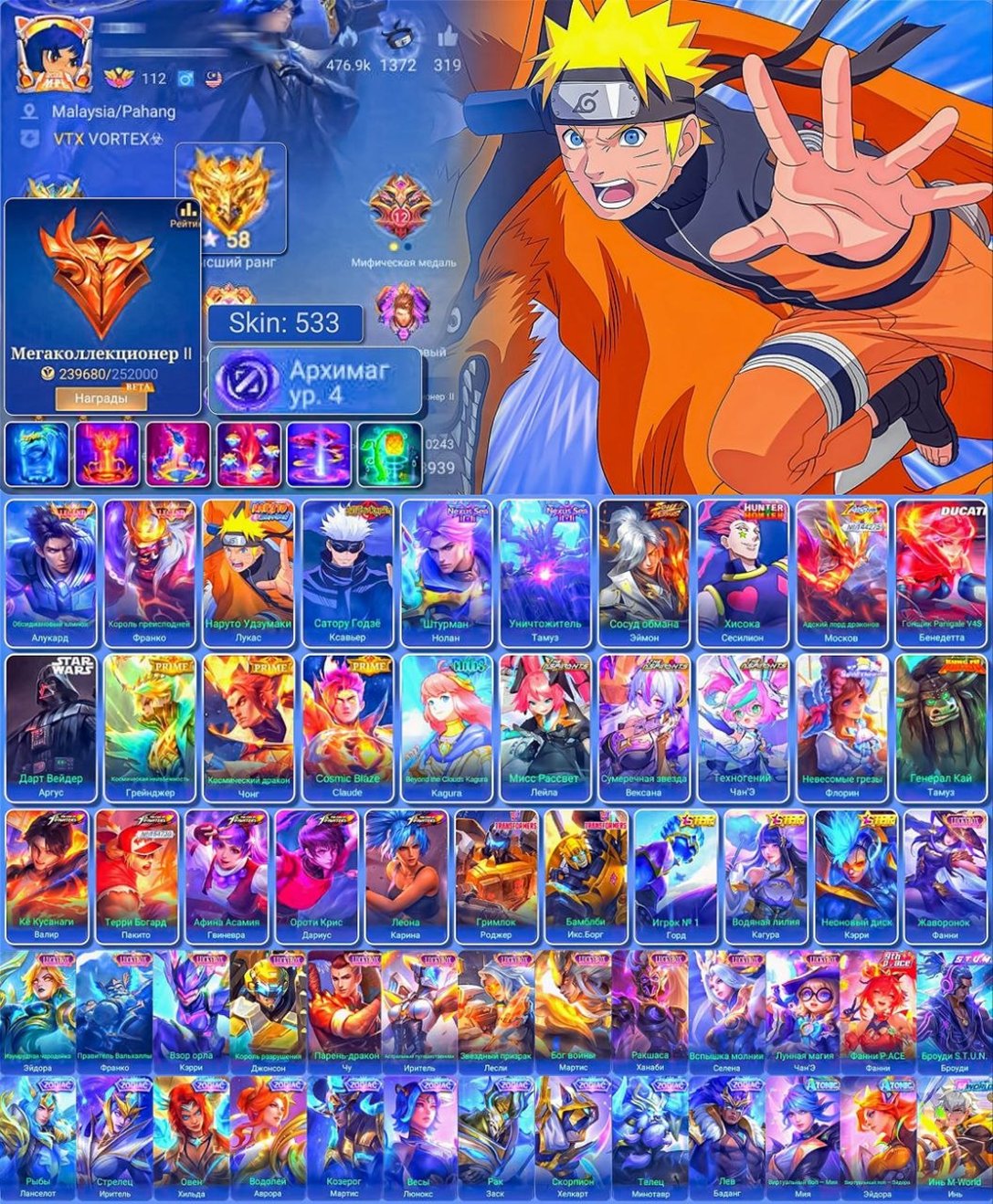 🔥LEG ALUK FRANCO🔥💎NARUTO-LUKAS JJK XAVIER💎⭐️HXH SISYA-SW ARGUS⭐️👑SOUS ED MON👑 🥶KUNG FU TAMUZ🥶♦️KOF♦️, Sale, Rank: Epic, Level: 58, Winrate: 53%, Heroes: 132, Skins: 533