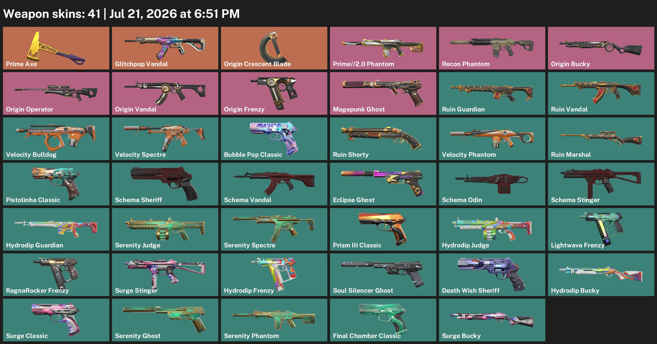 41 Skins | Vandal Prime Glitchpop | Phantom Prime 2.0 | 100+ Buddies | Inventory value: ~ 21,700 VP, Sale, Platinum 2, Agents: 22, Skins: 41