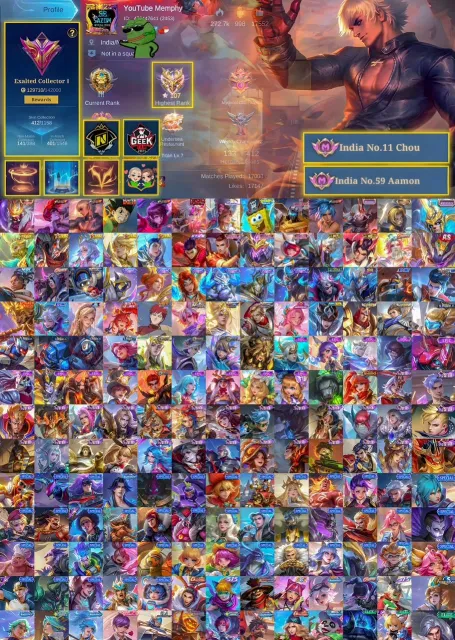 🏆 Exalted 2 ✨ Franco Legend ✨ Gusion KOF ✨ Chou KOF ✨ Dyrroth HXH ✨ Karrie Kishin ✨ Dyrroth KOF, Продажа, Ранг: Мифический Бессмертный, Уровень: 149, Процент побед: 70%, Герои: 133, Облики: 412