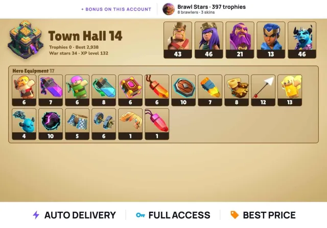 (Android/iOS) 💎 CoC TH14 💎 34 war stars 💎 BK 43 + AQ 46 + GW 21 + RC 13 + MP 46 💎 + BS 397 trophies, 14 TH Home Village