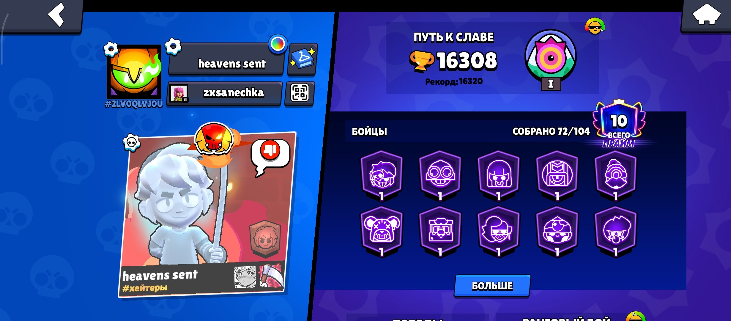 Tons of skins , nightmare sendy,ranked legendary, trophies 16308, brawlers 72, primes 10