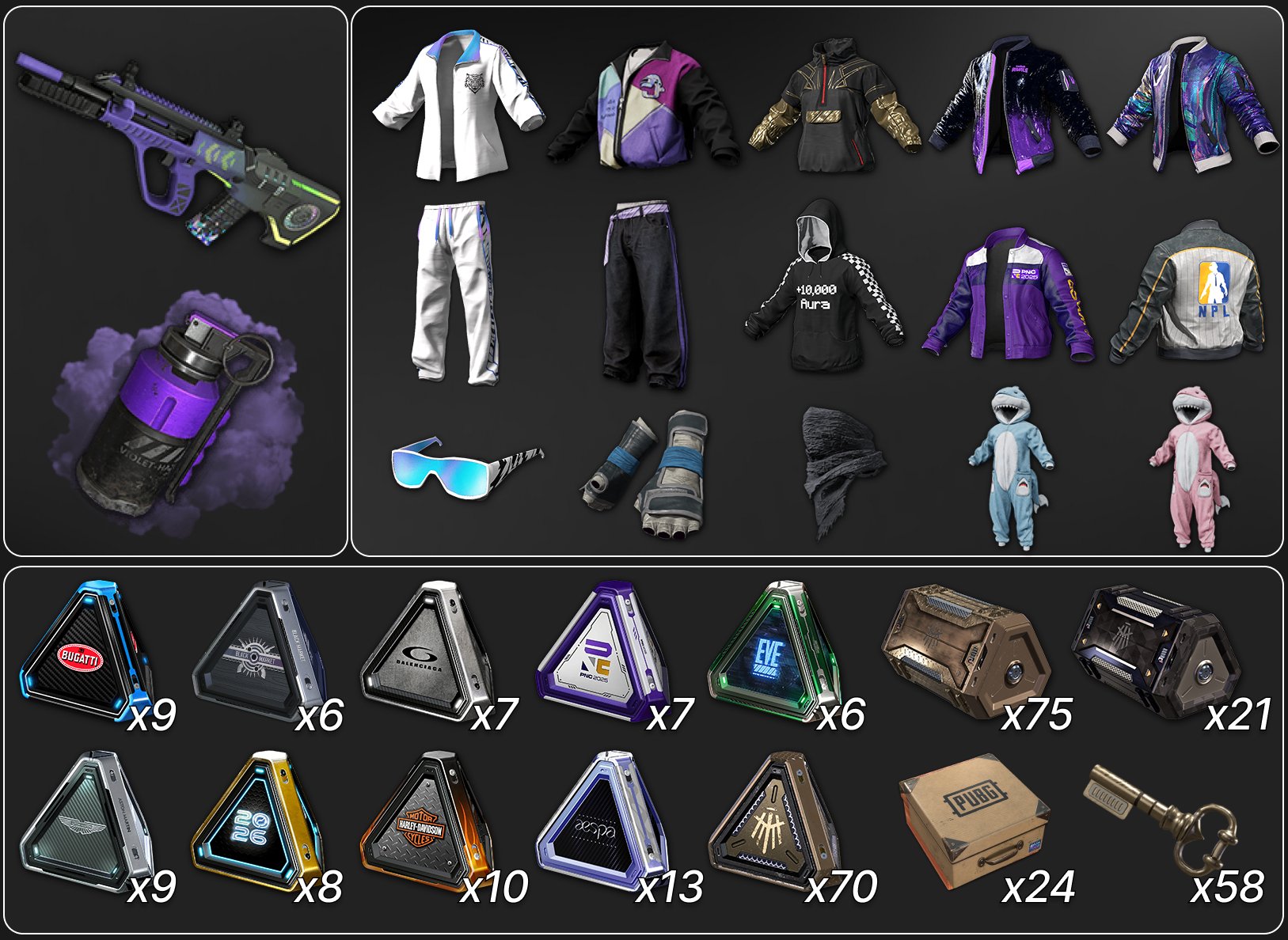 💖[PROGRESSIVE] NEON DREAM AUG + PURPLE SMOKE💖🔥255 CHESTS🔥🎀MANY SETS🎀, No BATTLEGROUNDS Plus