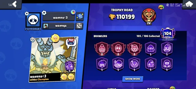 110k cup , fat account with good skin, 110199 кубков, 105 бравлеров, 104 праймов