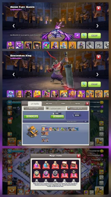 Th18➤21 home scenery➤3 war scenery➤6 hero max➤Profile almost max➤41 heros skin, 18 TH Родной Деревни, 10 TH Строителя