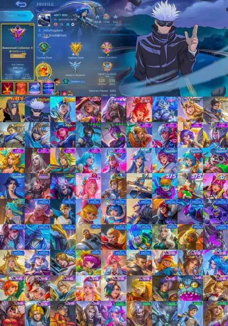 🌸Gojou Xavier, Itachi Julian, Luckybox Alice, Starcaller Leslie, Selenas Stun🌸, Sale, Rank: Epic, Level: 75, Win Rate: 52%, Heroes: 121, Skins: 239